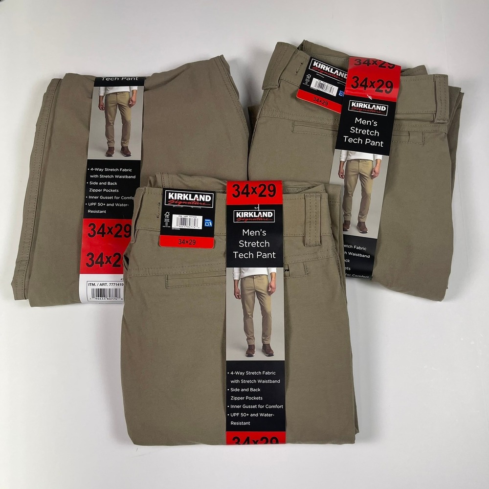 3 Pair Kirkland Signature Mens Stretch Tech Pant 34x29 Khaki Tan 7771419 NEW